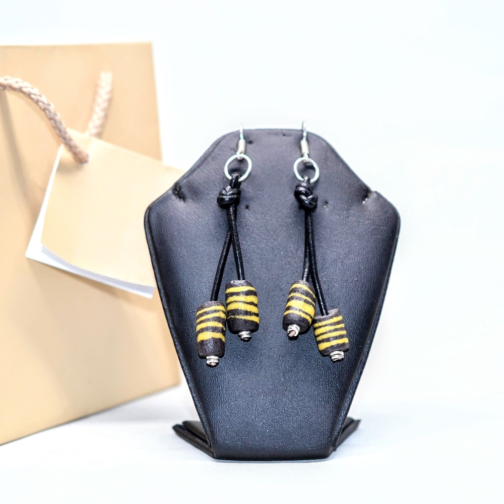 BLACK LEATHER KROBO BEADS TRIBAL DANGLING EARRINGS